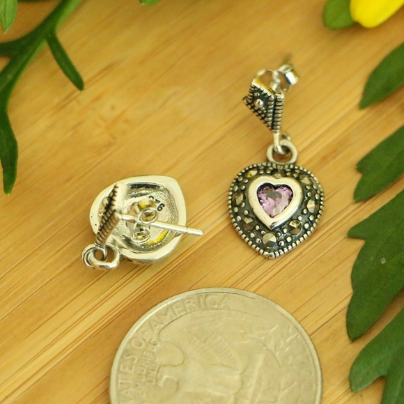 925Sterling silver marcasite heart dangle earrings - Picture 5 of 6
